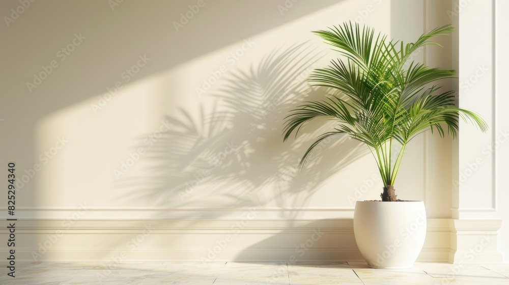 Palm tree in a white pot, lit by sunlight through a sliding door.
Palm tree in a white pot, lit by sunlight through a sliding door.