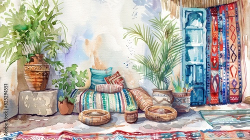 Watercolor of a bohemian Moroccan interior.

