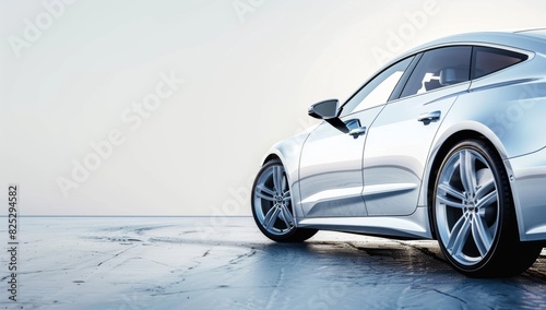A silver car on white background, profile view Web banner with copyspace Generative AI photo