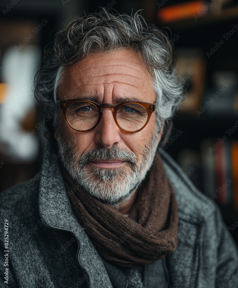 ein Mann in grauer Jacke und Brille ein Mann in grauer Jacke und Brille
