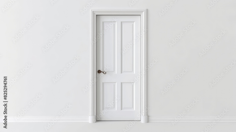 Closed white door on a white backdrop.

