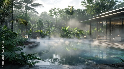 A swimming pool in the middle of a lush jungle  surrounded by plants and trees  a hazy atmosphere  steam rising from the surface of the water  a modern architecture house in the background.