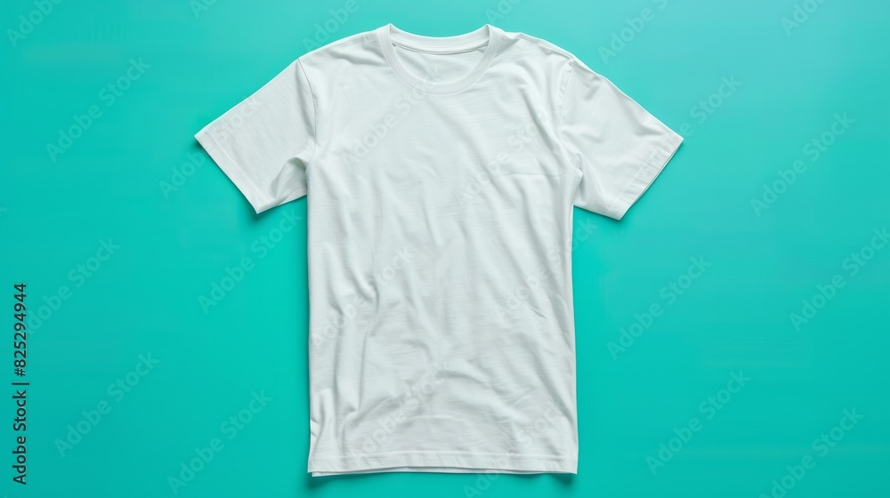 Floating white cotton T-shirt on a turquoise background.

