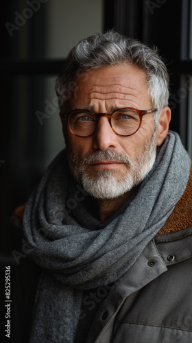 ein Mann in grauer Jacke und Brille