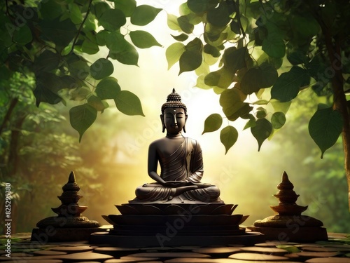 Buddha statue with temple background and Bokeh nature  Vesak day celebration - Generative Ai