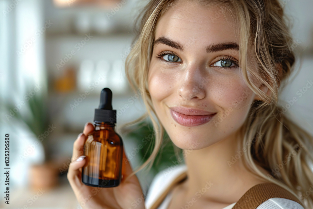A beautiful blond woman with perfect skin holding a little brown bottle of a skin serum A beautiful blond woman with perfect skin holding a little brown bottle of a skin serum