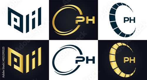 PH logo. P H design. White PH letter. PH, P H letter logo design. P H letter logo design in FIVE, FOUR, THREE, style. letter logo set in one artboard. P H letter logo vector design.