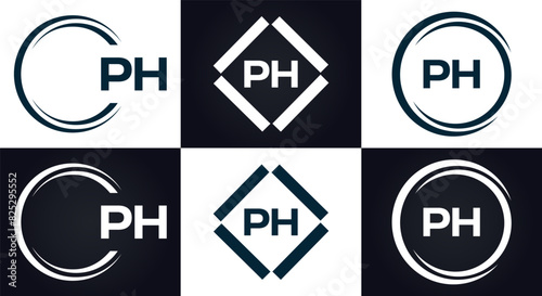 PH logo. P H design. White PH letter. PH, P H letter logo design. P H letter logo design in FIVE, FOUR, THREE, style. letter logo set in one artboard. P H letter logo vector design.