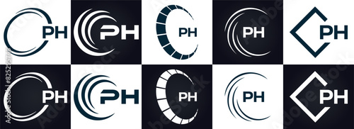 PH logo. P H design. White PH letter. PH, P H letter logo design. P H letter logo design in FIVE, FOUR, THREE, style. letter logo set in one artboard. P H letter logo vector design.