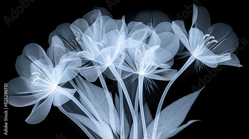 Radiografia de um buquê de flores, destacando os caules, pétalas e folhas photo