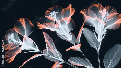 Radiografia de um buquê de flores, destacando os caules, pétalas e folhas