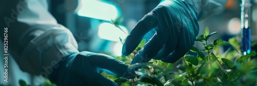 Person wearing gloves delicately manipulating plant for scientific research photo