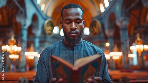 islam imam with koran book on hand making speech in isramic worship ceremony in mosque photo