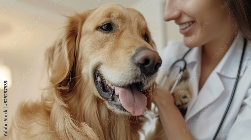 Female Veterinarian Petting a Noble Golden Retriever Dog. Female Veterinarian Petting a Noble Golden Retriever Dog.