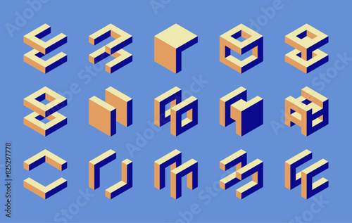 Set of isometric cubes. 3D vector geometric shapes. Collection of isolated modern architectural elements.
