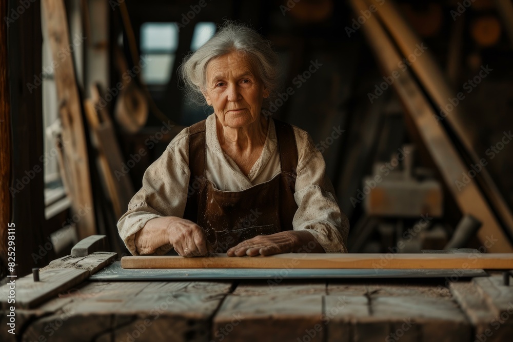 Elderly woman with gray hair working on a wood piece in a rustic workshop