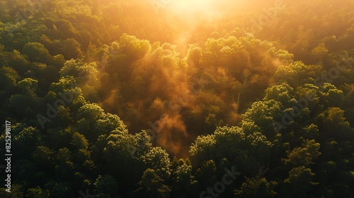 Aerial view of a lush green forest bathed in warm golden sunlight, with mist rising between the trees, creating a serene and mystical atmosphere.