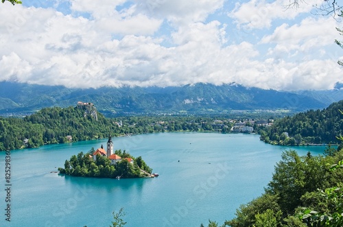 View from above of Lake Bled and the city of Bled in Slovenia, and the church on the lake