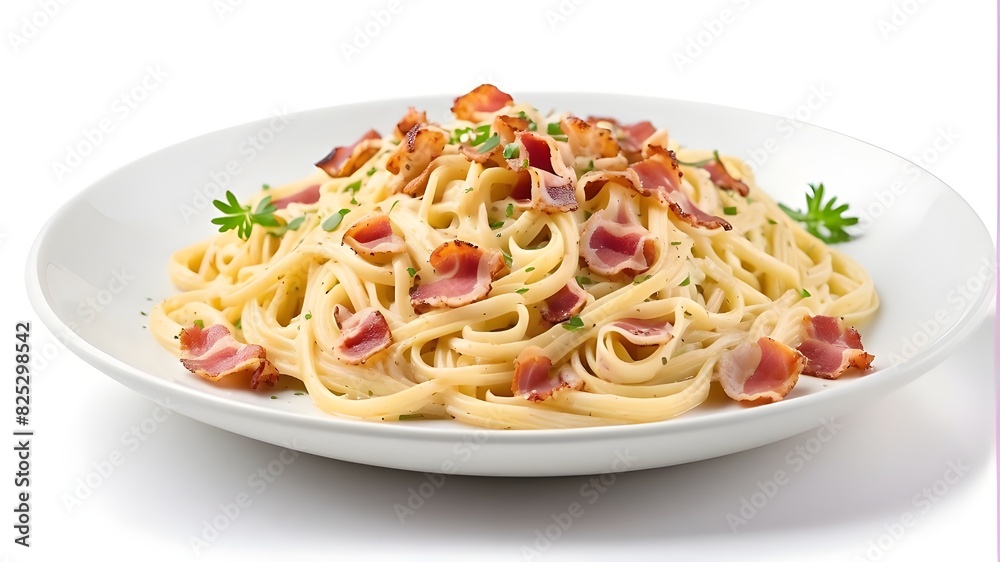 plate of carbonara pasta with bacon isolated on white