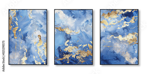 Abstract art watercolor painting, stylish modern wall art, triptych, flowers, texture, gold