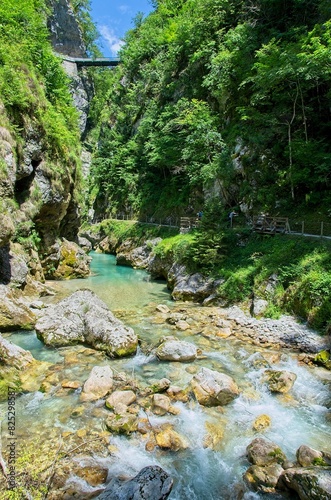 View of the river and mountains in the Tolmin Gorge in Slovenia