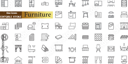 Furniture line icons set. Furniture outline icons with editable stroke collection