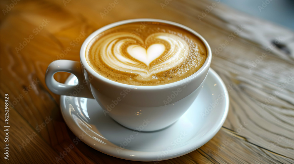 Latte Art Coffee with Heart Design in White Cup on Wooden Table Latte Art Coffee with Heart Design in White Cup on Wooden Table