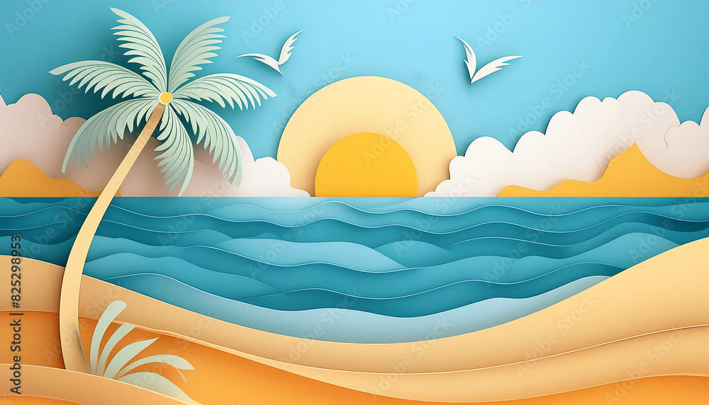 illustration of paper layer, tropical beach with blue sea water, sunset with birds and white sand, copy space