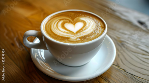 Latte Art Coffee with Heart Design in White Cup on Wooden Table