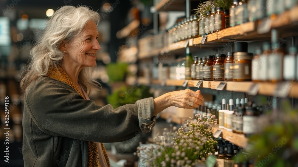 eco-friendly beauty shopping, elderly woman exploring eco-friendly beauty products at a wellness store, with a caucasian assistant presenting natural skincare items, surrounded by calming scents and