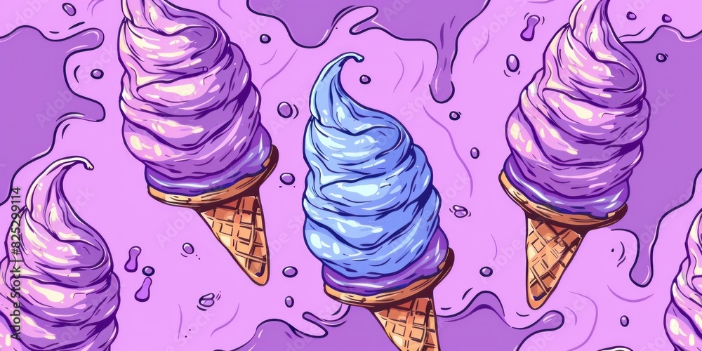 Three Dreamy Ice Cream Cones Dancing on a Violet Canvas Three Dreamy Ice Cream Cones Dancing on a Violet Canvas