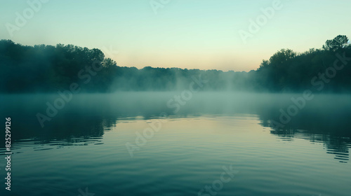 Misty Morning Over a Tranquil Lake at Sunrise, A misty morning over a tranquil lake at sunrise, with calm water reflecting the soft light of dawn