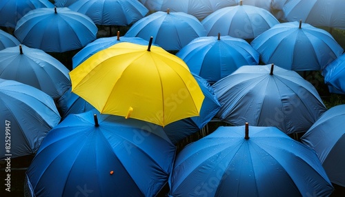 Yellow umbrella standing out among blue umbrellas