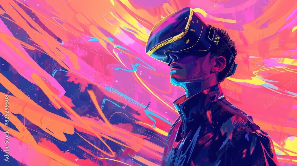 futuristic portrait of young man wearing vr headset immersed in virtual reality cyber world digital illustration futuristic portrait of young man wearing vr headset immersed in virtual reality cyber world digital illustration