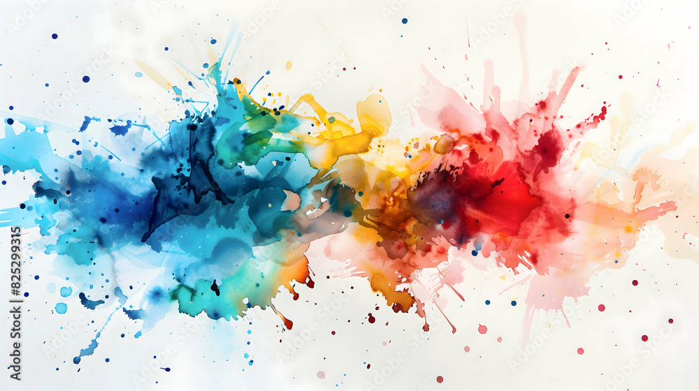 Fototapeta premium Vibrant Colorful Paint Splashes on White Background, Abstract art featuring vibrant and dynamic colorful paint splashes on a white background, showcasing creativity and energetic expression