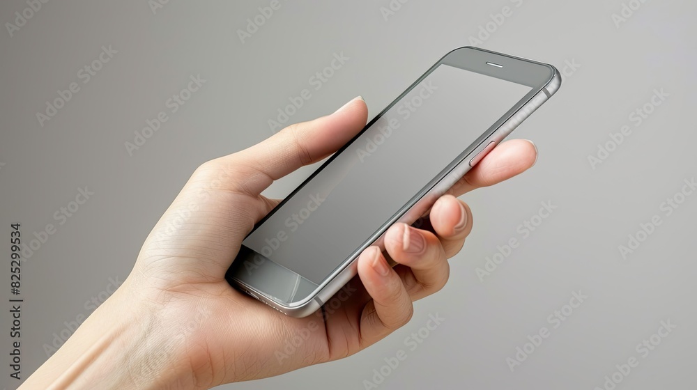 Hand holding phone with blank white screen, mockup style. A woman's hand in a sweater against a boho home background, in a close-up shot focusing only on the phone and finger.