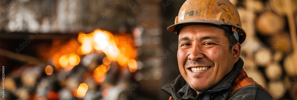 A portrait of a construction worker wearing a hard hat, smiling warmly in front of a completed fireplace