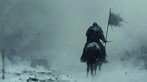 Knight riding a horse through a snowy battlefield