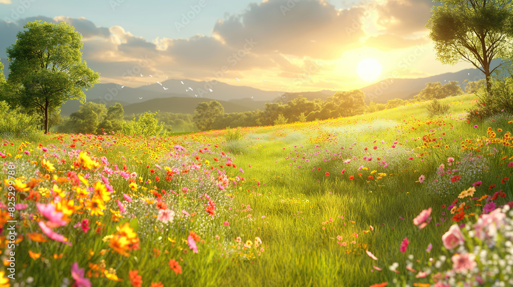 A Vast Meadow Full of Colorful Wildflowers Bathed in the Warmth of a Sunrise, Symbolizing Fresh Beginnings