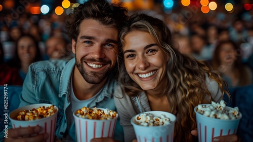 A couple is smiling and holding popcorn in their hands. They are in a movie theater with other people