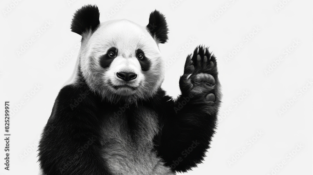 Majestic Panda Bear Portrayed in Black and White, Raising its Hand in a Friendly Greeting. Funny animal for banner, flyer, poster, card with copy space Majestic Panda Bear Portrayed in Black and White, Raising its Hand in a Friendly Greeting. Funny animal for banner, flyer, poster, card with copy space