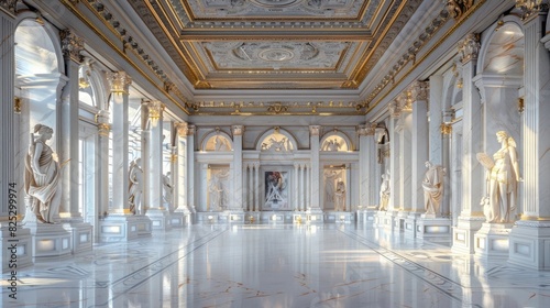 3d rendering of white marble hall with golden elements and greek statues. fantasy palace interior design. wide view