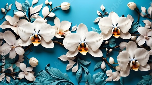 Beautiful turquoise floral background with a white blue orchid