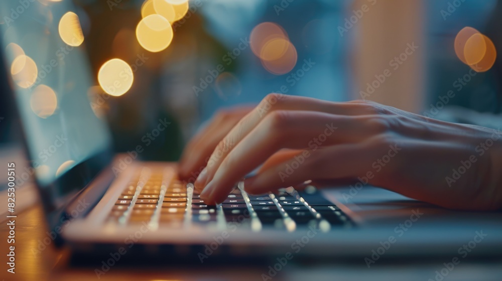Productive Workday in a Cozy Home Office - Close-up of Fingers Typing on Laptop Keyboard with Natural Light, Concentration Concept Productive Workday in a Cozy Home Office - Close-up of Fingers Typing on Laptop Keyboard with Natural Light, Concentration Concept