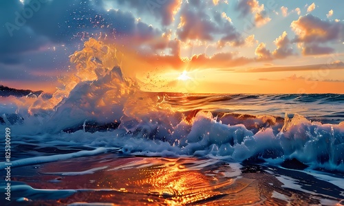Velvet dawn illuminating the dynamic world where powerful ocean waves crash dramatically  Ai Generated