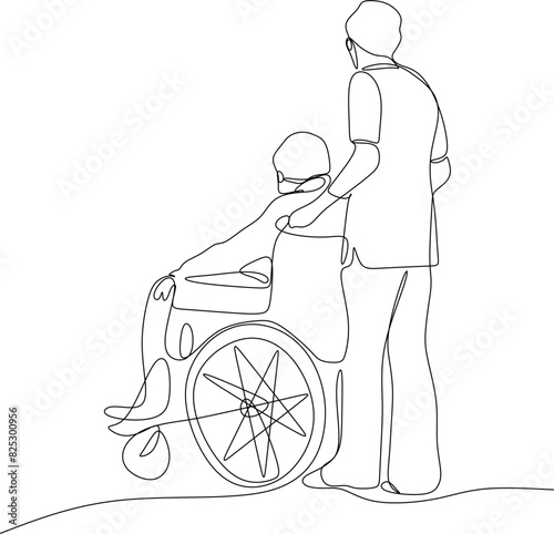 Linear drawing of a sick person. Caring for a sick person