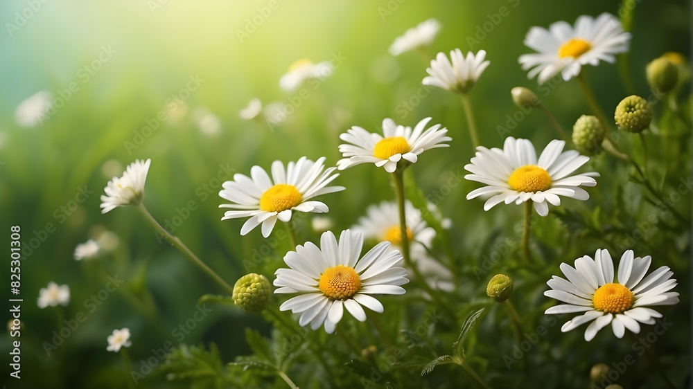 summer or spring morning nature background with fresh wild daisies