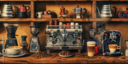 Italian Caffeine Culture Desk: A wooden desk adorned with various espresso machines, coffee beans, and a cappuccino cup, showcasing the central role of coffee in the Italian workplace
