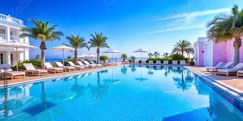 Swimmign pool of a luxury hotel and resort  sun loungers and palms  clear water.