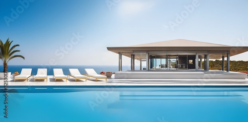 Private Swimming Pool with panoramic sea view at luxury villa, sun loungers, clear water. © DALITALI 